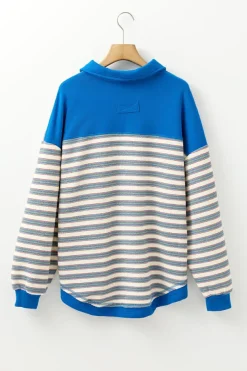 Sale Dear-Lover Buttoned V Neck Collared Drop Shoulder Top Blue Stripe