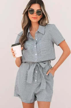 Discount Dear-Lover Chest Pockets Buttoned Belted High Waist Romper Blue Stripe