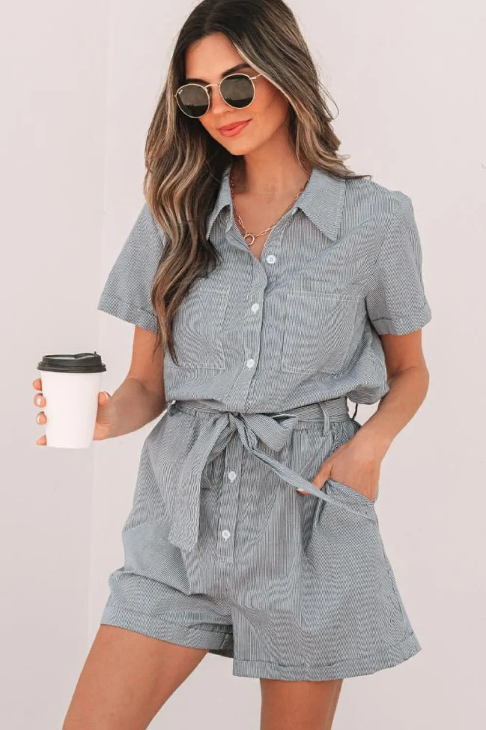 Discount Dear-Lover Chest Pockets Buttoned Belted High Waist Romper Blue Stripe