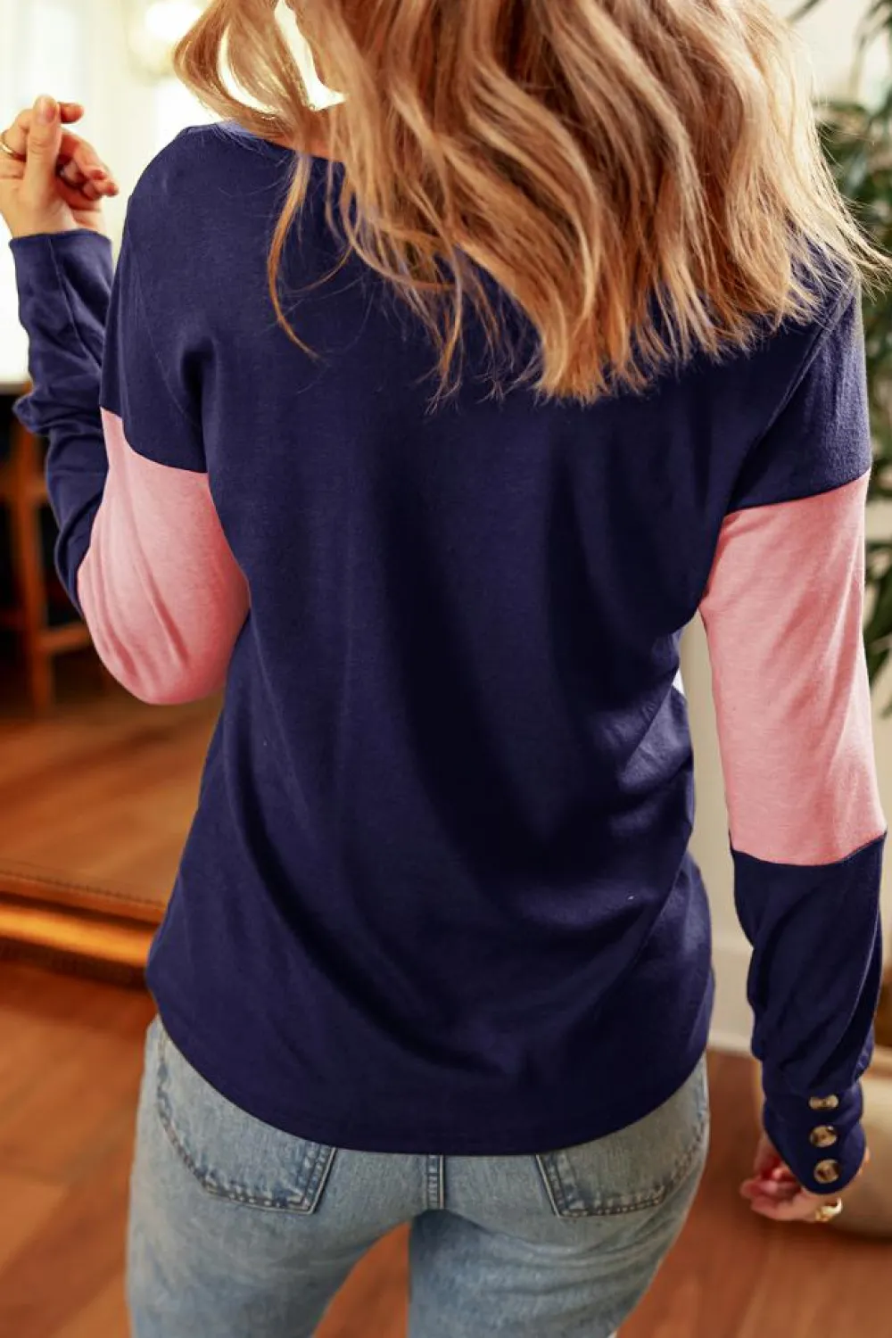 New Dear-Lover Colorblock Button Decor Long Sleeve V Neck Top Blue Stripe