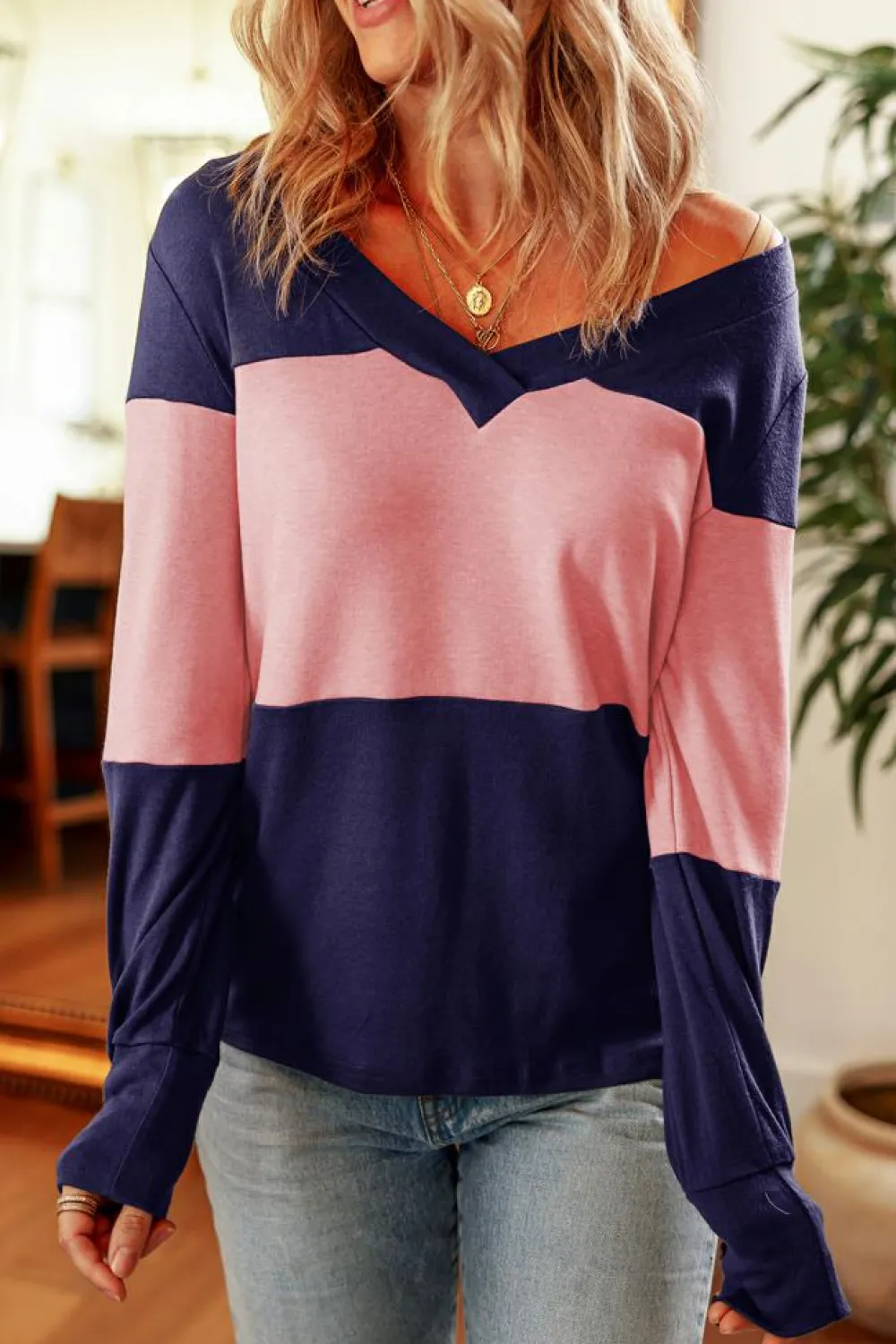 New Dear-Lover Colorblock Button Decor Long Sleeve V Neck Top Blue Stripe