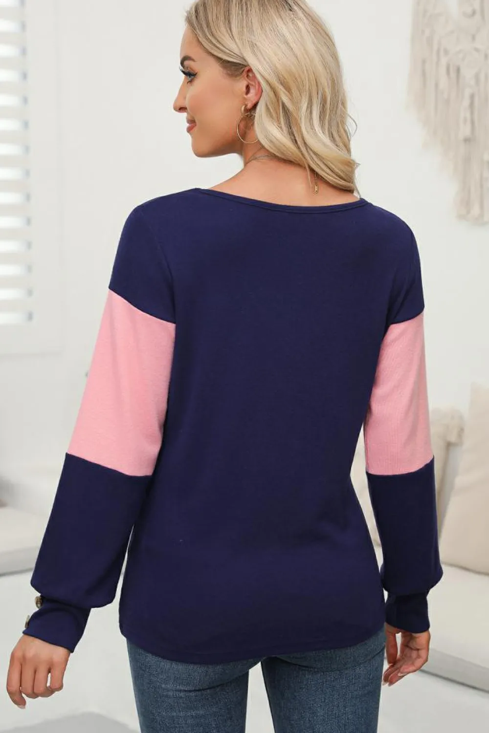 New Dear-Lover Colorblock Button Decor Long Sleeve V Neck Top Blue Stripe