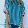New Dear-Lover Colorblock Patchwork Baggy T Shirt Blue Stripe
