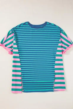 New Dear-Lover Colorblock Patchwork Baggy T Shirt Blue Stripe