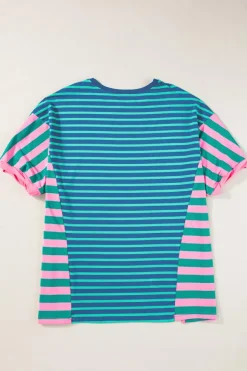 New Dear-Lover Colorblock Patchwork Baggy T Shirt Blue Stripe