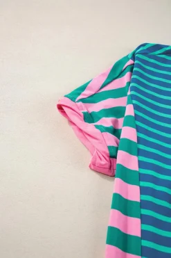 New Dear-Lover Colorblock Patchwork Baggy T Shirt Blue Stripe