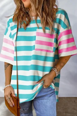 New Dear-Lover Contrast Patch Pocket Drop Sleeve T Shirt Blue Stripe