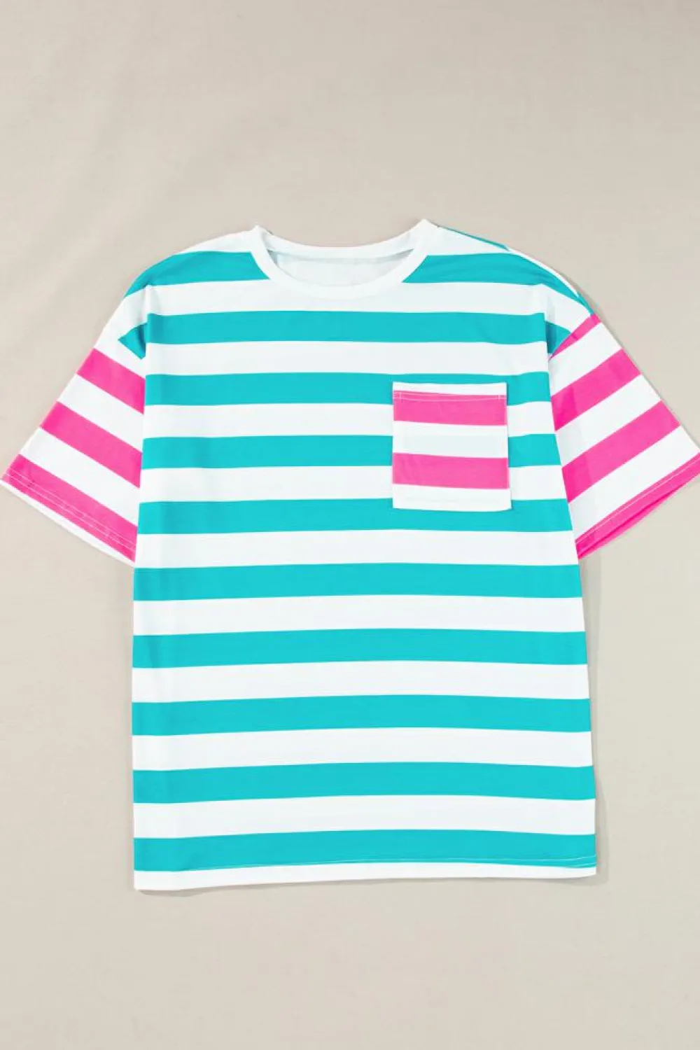 New Dear-Lover Contrast Patch Pocket Drop Sleeve T Shirt Blue Stripe