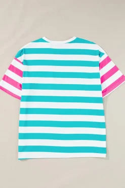 New Dear-Lover Contrast Patch Pocket Drop Sleeve T Shirt Blue Stripe