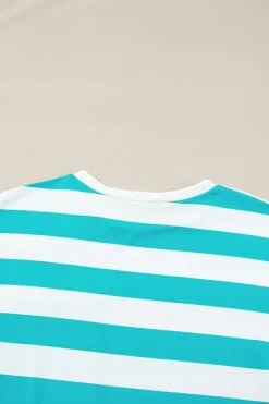 New Dear-Lover Contrast Patch Pocket Drop Sleeve T Shirt Blue Stripe