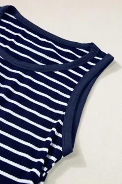 Hot Dear-Lover Contrast Round Neck Sleeveless Slim Top Blue Stripe