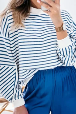 Online Dear-Lover Drop Shoulder Crew Neck Loose Sweatshirt Blue Stripe