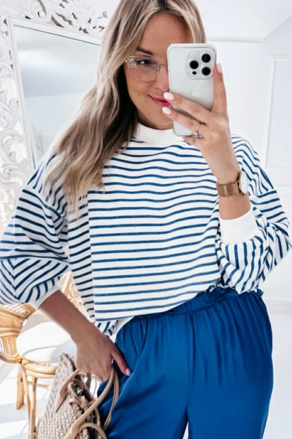 Online Dear-Lover Drop Shoulder Crew Neck Loose Sweatshirt Blue Stripe
