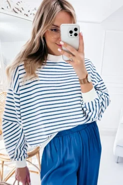 Online Dear-Lover Drop Shoulder Crew Neck Loose Sweatshirt Blue Stripe