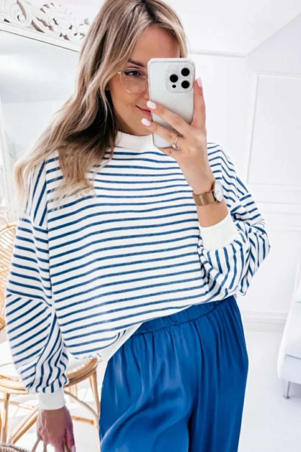 Online Dear-Lover Drop Shoulder Crew Neck Loose Sweatshirt Blue Stripe