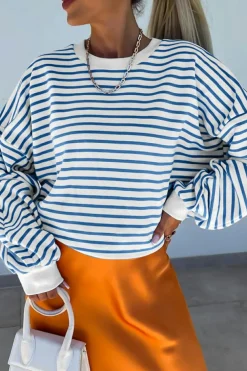 Online Dear-Lover Drop Shoulder Crew Neck Loose Sweatshirt Blue Stripe