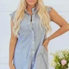 Outlet Dear-Lover Frilled Sleeveless Collar Front Pocket Button Up Mini Dress Blue Stripe