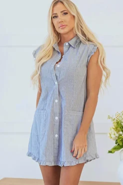 Outlet Dear-Lover Frilled Sleeveless Collar Front Pocket Button Up Mini Dress Blue Stripe