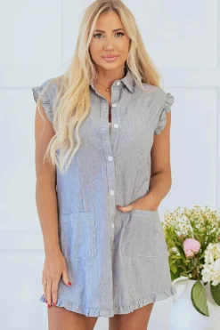 Outlet Dear-Lover Frilled Sleeveless Collar Front Pocket Button Up Mini Dress Blue Stripe