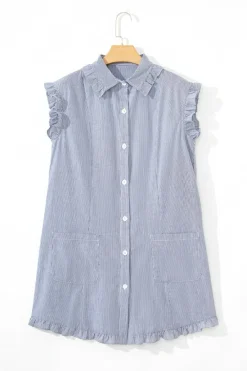 Outlet Dear-Lover Frilled Sleeveless Collar Front Pocket Button Up Mini Dress Blue Stripe