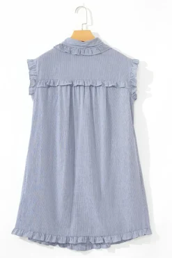 Outlet Dear-Lover Frilled Sleeveless Collar Front Pocket Button Up Mini Dress Blue Stripe