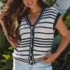 Hot Dear-Lover Loose Buttoned V Neck Sweater Vest Blue Stripe
