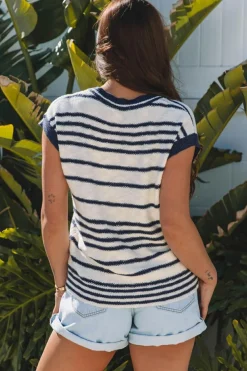 Hot Dear-Lover Loose Buttoned V Neck Sweater Vest Blue Stripe
