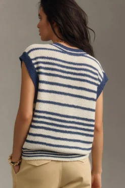 Hot Dear-Lover Loose Buttoned V Neck Sweater Vest Blue Stripe