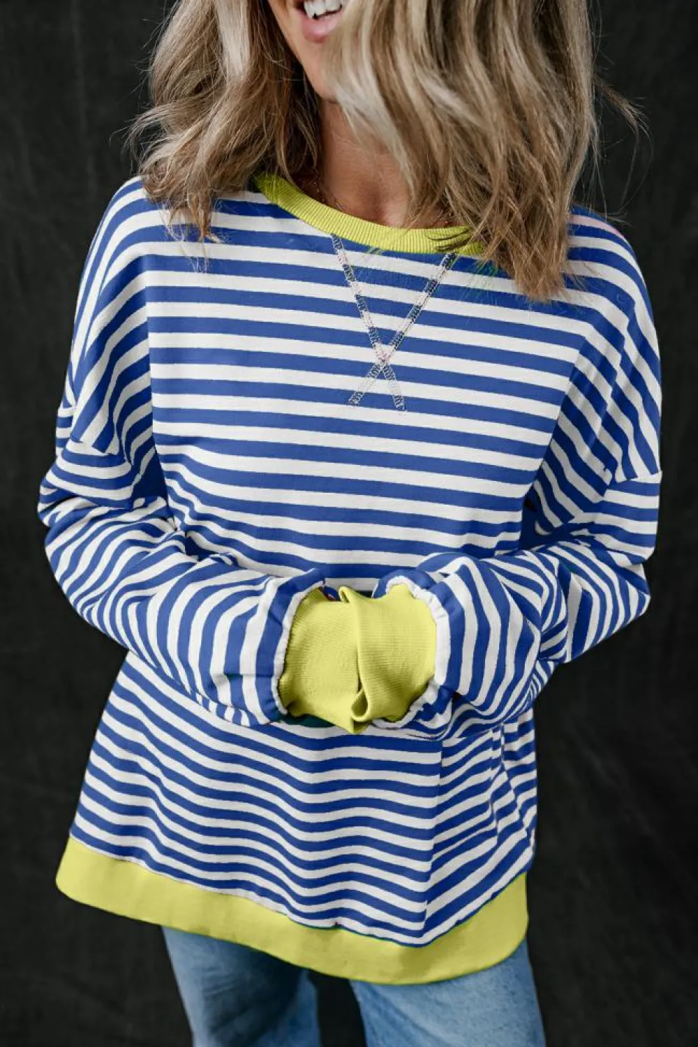 New Dear-Lover Oversized Contrast Trim Pullover Sweatshirt Blue Stripe