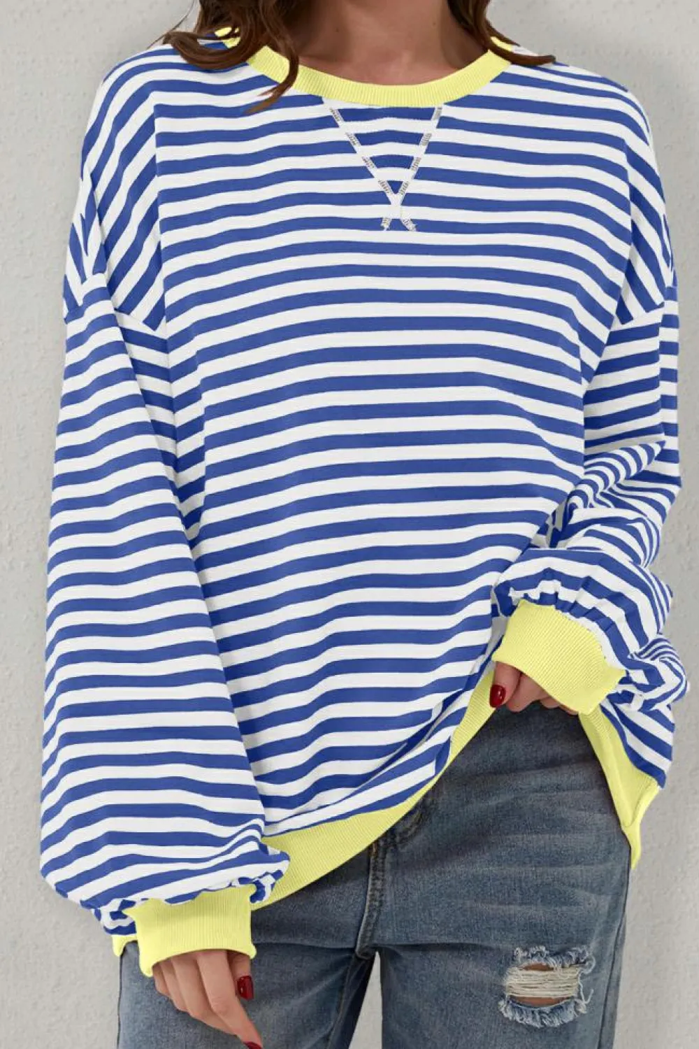 New Dear-Lover Oversized Contrast Trim Pullover Sweatshirt Blue Stripe