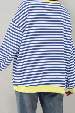 New Dear-Lover Oversized Contrast Trim Pullover Sweatshirt Blue Stripe