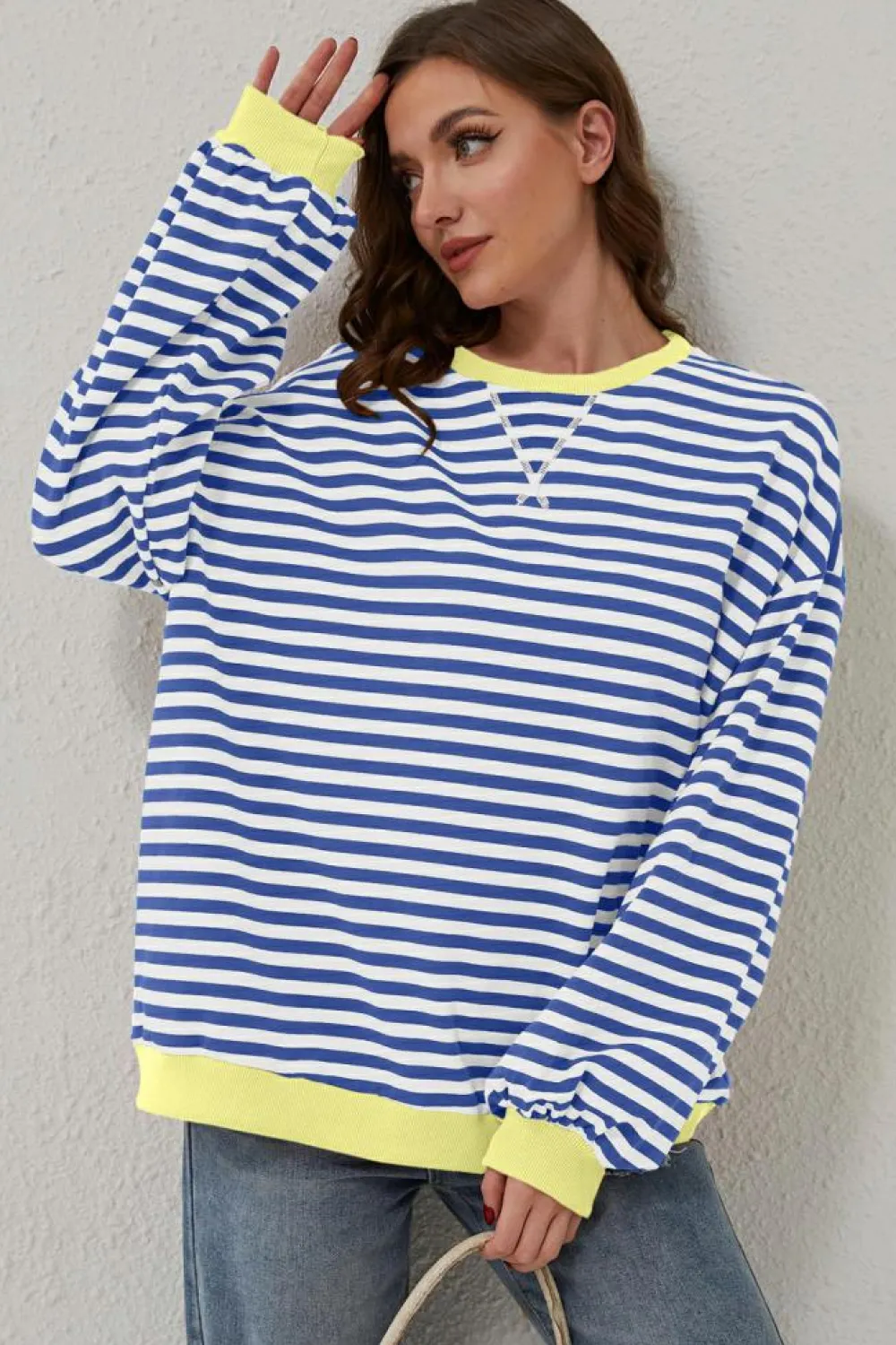 New Dear-Lover Oversized Contrast Trim Pullover Sweatshirt Blue Stripe