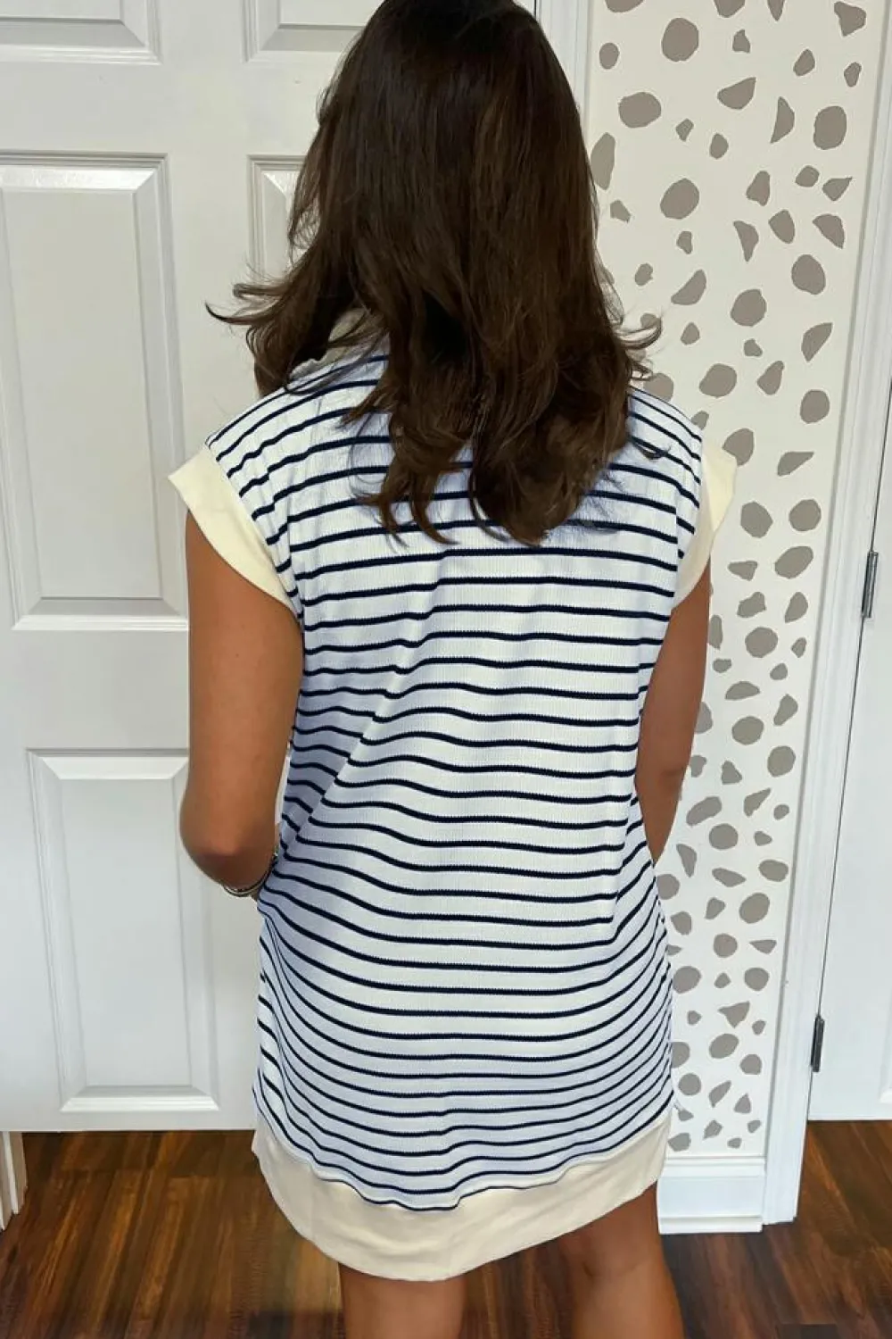 Sale Dear-Lover Quarter Zip Collared Cap Sleeve Mini Dress Blue Stripe