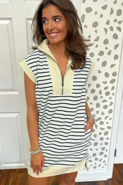Sale Dear-Lover Quarter Zip Collared Cap Sleeve Mini Dress Blue Stripe