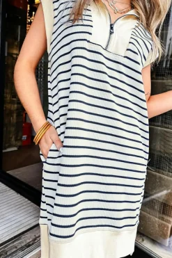 Sale Dear-Lover Quarter Zip Collared Cap Sleeve Mini Dress Blue Stripe