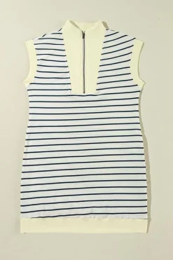 Sale Dear-Lover Quarter Zip Collared Cap Sleeve Mini Dress Blue Stripe