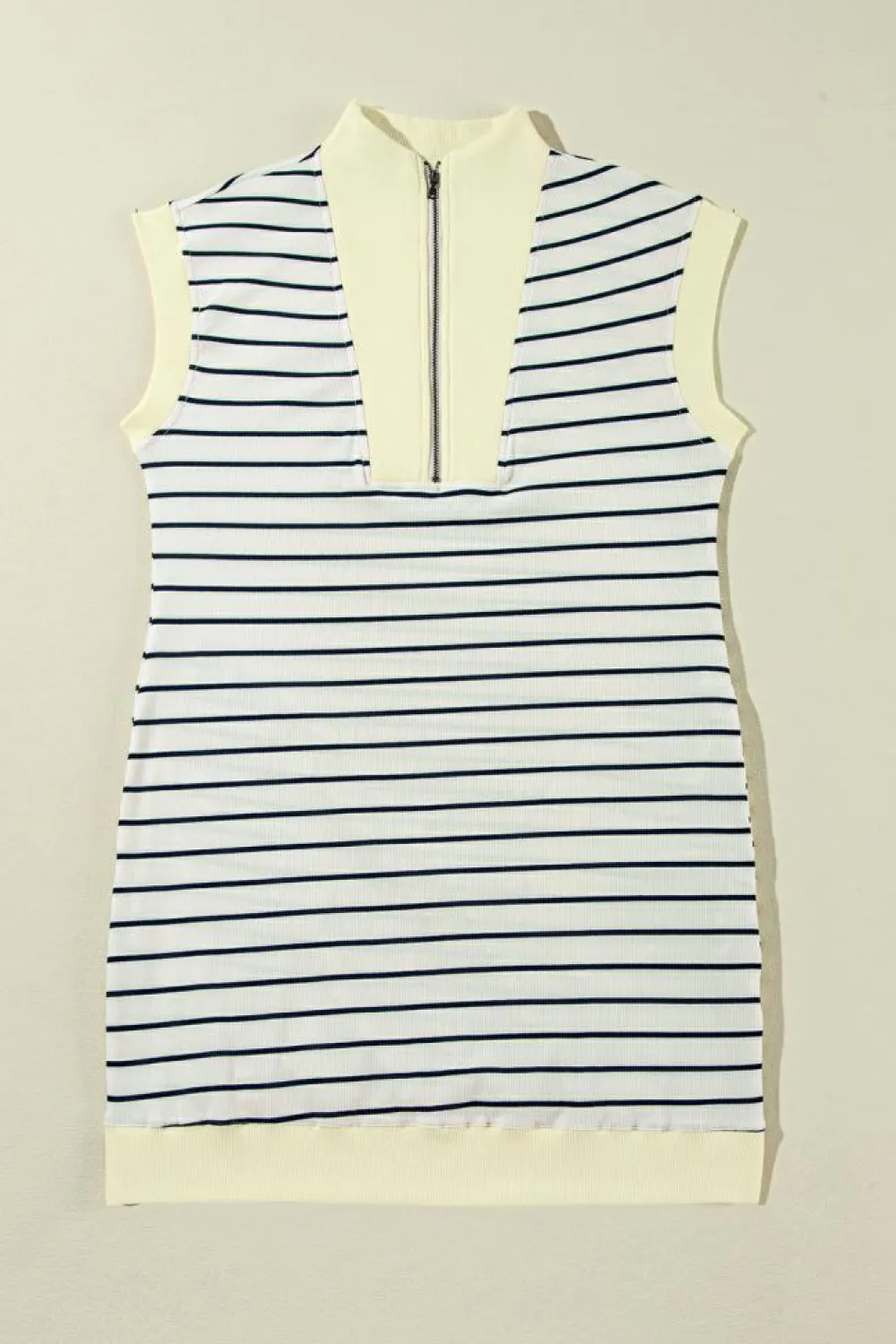 Sale Dear-Lover Quarter Zip Collared Cap Sleeve Mini Dress Blue Stripe