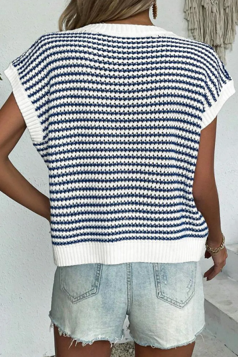 Best Dear-Lover Ribbed Trim Loose Fit Knitted Sweater Vest Blue Stripe