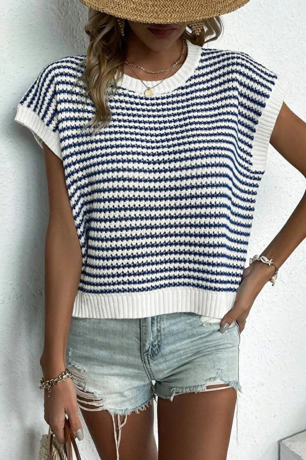 Best Dear-Lover Ribbed Trim Loose Fit Knitted Sweater Vest Blue Stripe