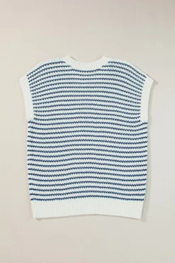 Best Dear-Lover Ribbed Trim Loose Fit Knitted Sweater Vest Blue Stripe