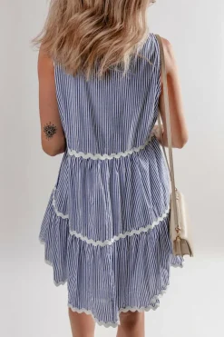 Outlet Dear-Lover Sleeveless Notched V Neck Contrast Ric Rac Mini Dress Blue Stripe