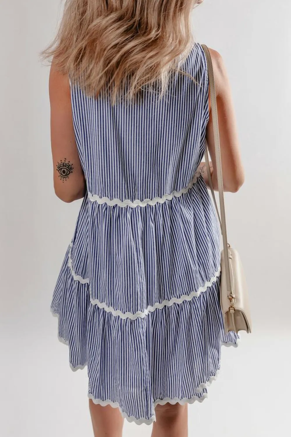 Outlet Dear-Lover Sleeveless Notched V Neck Contrast Ric Rac Mini Dress Blue Stripe