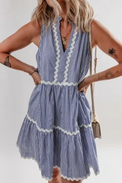 Outlet Dear-Lover Sleeveless Notched V Neck Contrast Ric Rac Mini Dress Blue Stripe