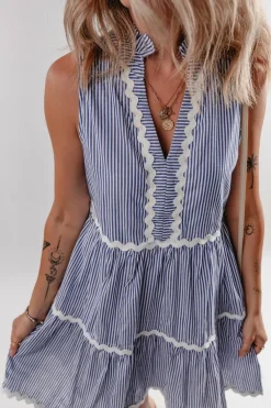 Outlet Dear-Lover Sleeveless Notched V Neck Contrast Ric Rac Mini Dress Blue Stripe