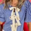 Online Dear-Lover Tied Front Puff Short Sleeve Blouse Blue Stripe