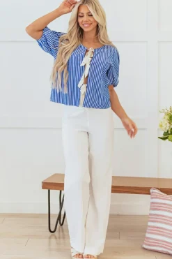 Online Dear-Lover Tied Front Puff Short Sleeve Blouse Blue Stripe
