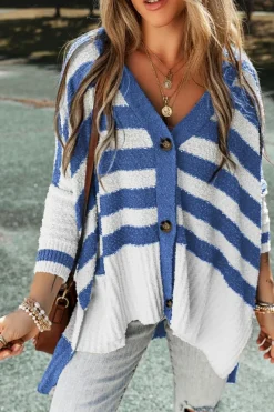 Best Dear-Lover V Neck Buttoned High Low Sweater Cardigan Blue Stripe