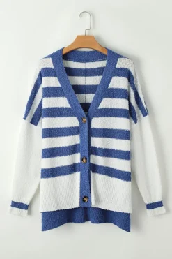 Best Dear-Lover V Neck Buttoned High Low Sweater Cardigan Blue Stripe