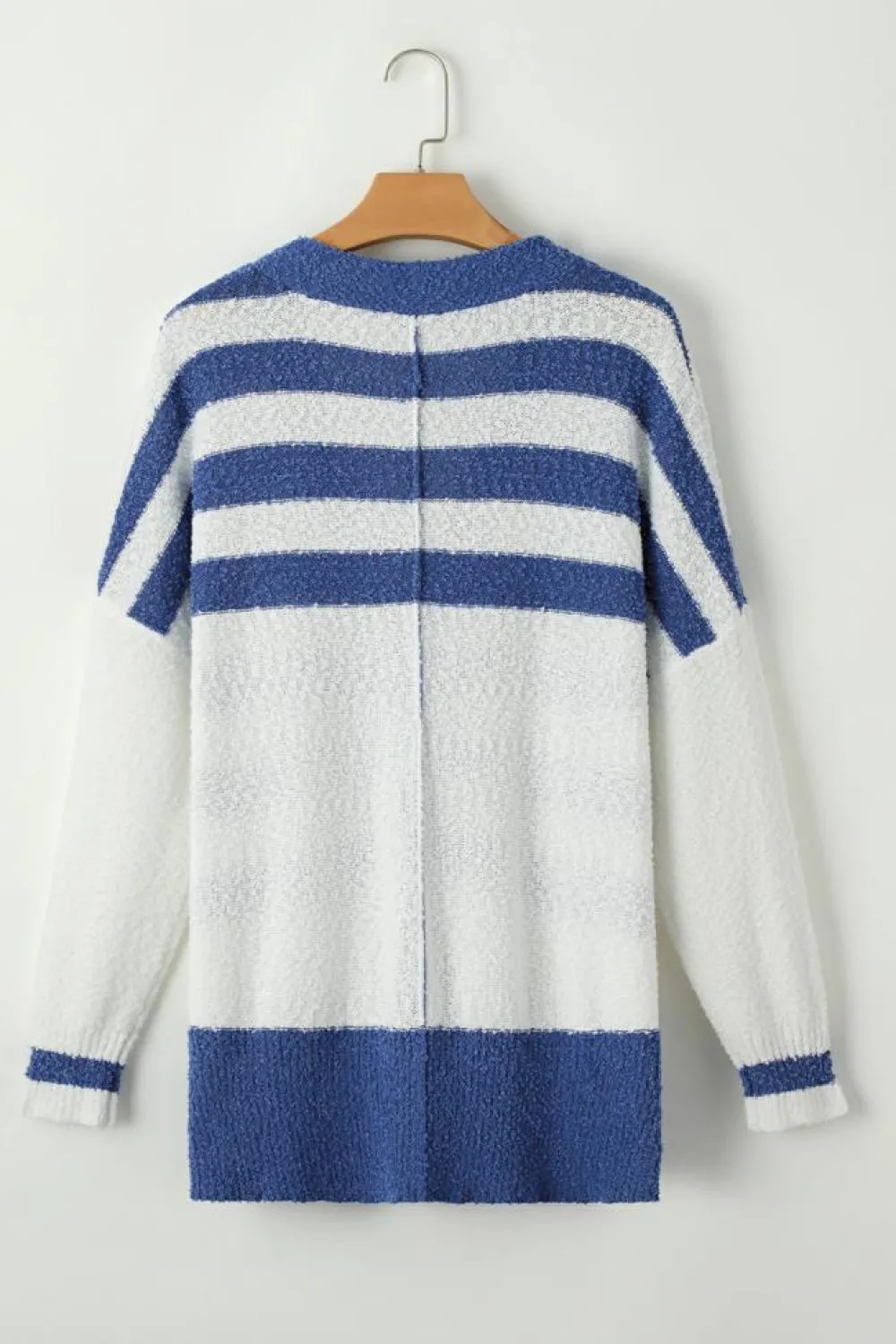 Best Dear-Lover V Neck Buttoned High Low Sweater Cardigan Blue Stripe