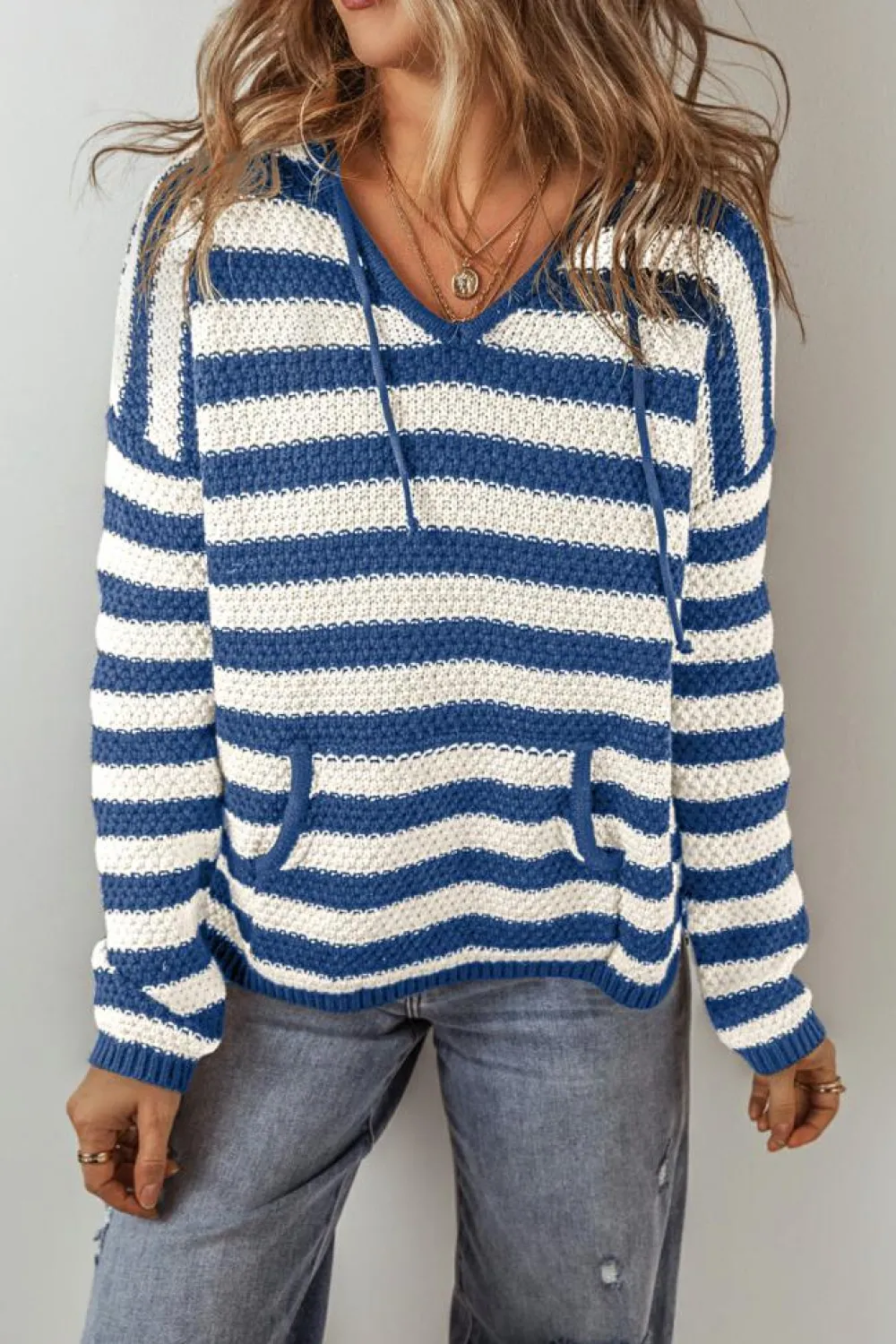 Outlet Dear-Lover V Neck Pocketed Drawstring Hooded Sweater Blue Stripe